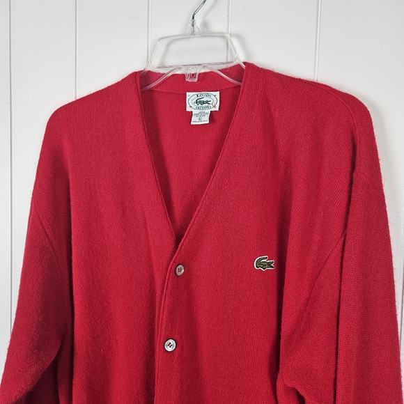Flawed Vintage IZOD Lacoste Red Cardigan Sweater Mens USA Preppy Button Up Large - Picture 5 of 9